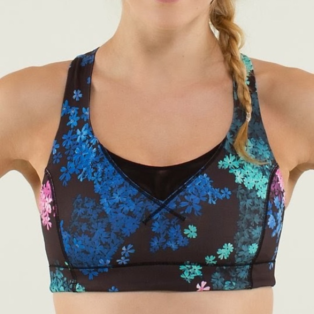 Lululemon In a Flash Bra Petal Pop Multi Floral Print with Mesh Insert.